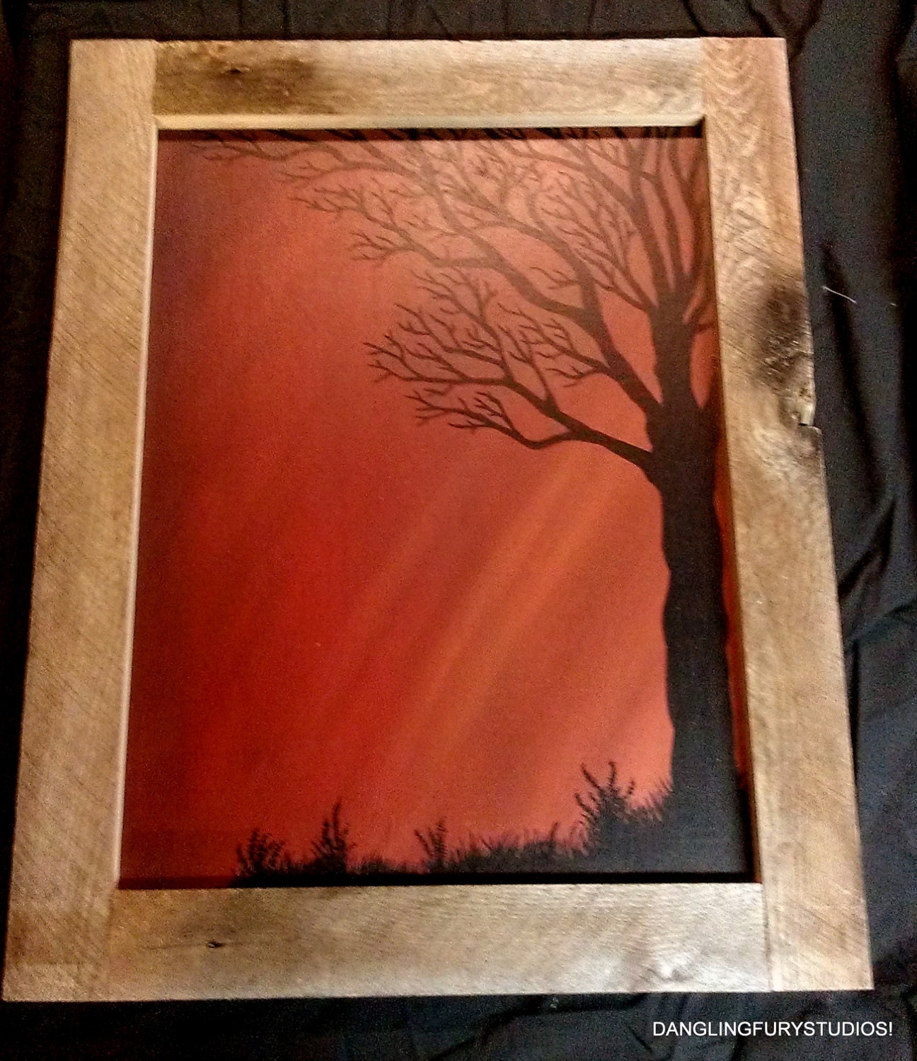 Original Framed Acrylic Painting Red Skyscape with Tree Silhouette 18x24