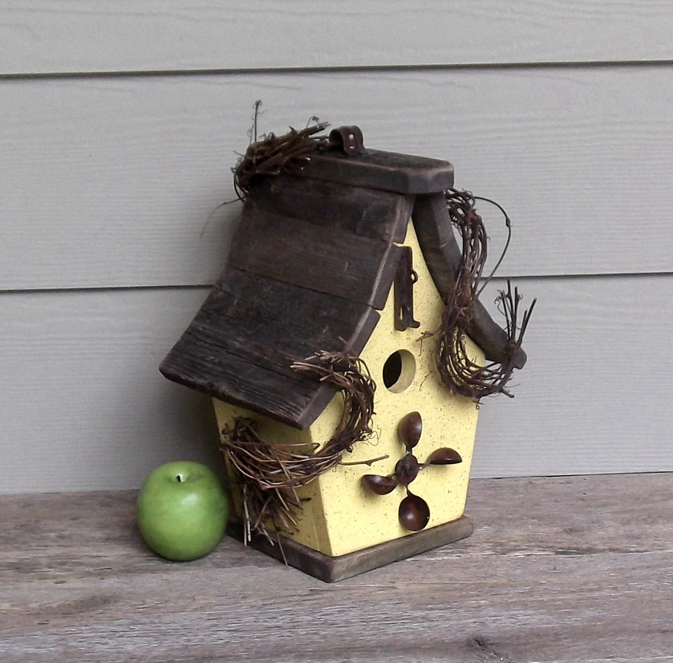 Rustic Yellow Birdhouse, Primitive Birdhouse, Decorative or Outdoor Birdhouse, OOAK, Reclaimed Wood, Recycled Hardware, Grapevine