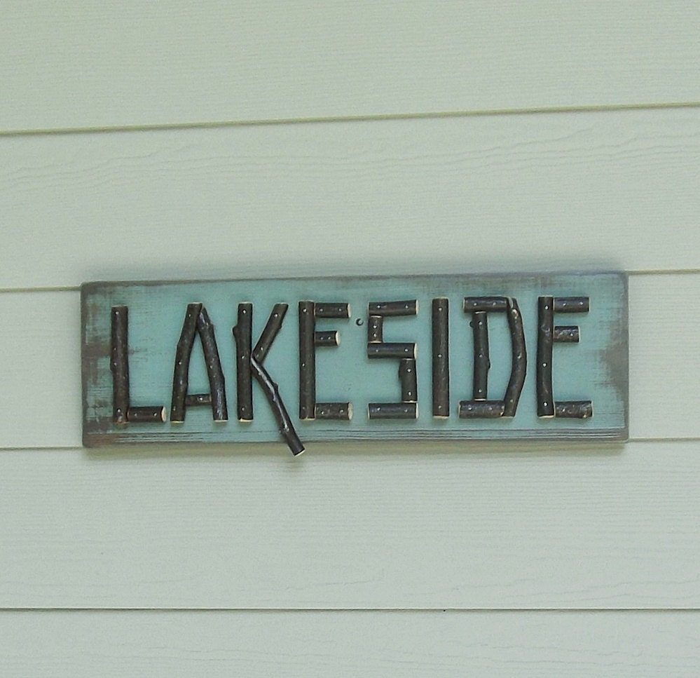 Rustic Aqua Lake Sign, Real Twig Letters, Camp Sign, Cabin Sign, Sticks, Branches, Blue Green Wood Sign, Shabby Chic, Cottage