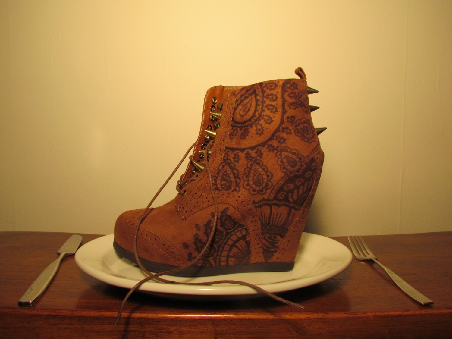 Spiked Henna Drawn Lace Up Wedges