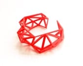 Triangulated Cuff bracelet in Coral Red. 3d printed. modern statement jewelry. geometric jewelry