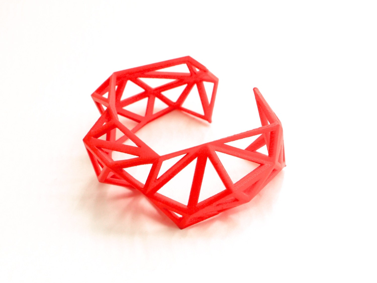 Triangulated Cuff bracelet in Coral Red. 3d printed. modern statement jewelry. geometric jewelry