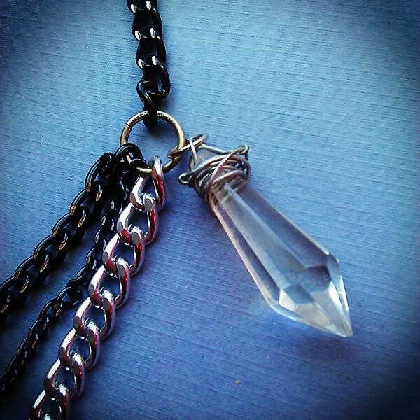 Black and White Layered Chain Necklace with Wrapped Crystal