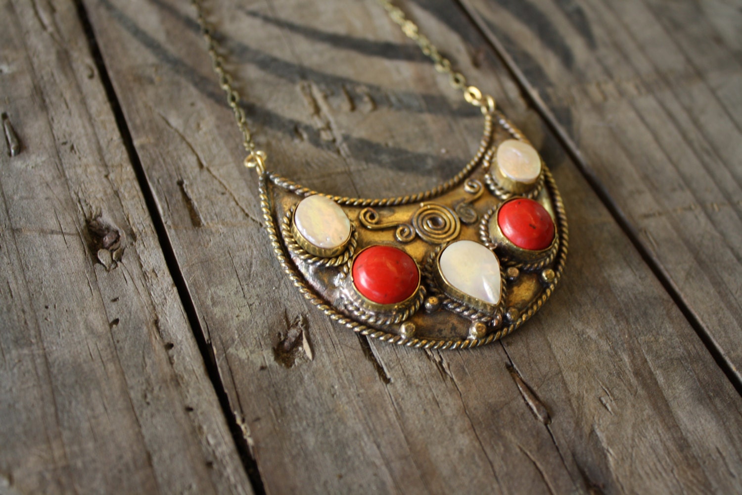 Crescent Brass Pendant Necklace with stones