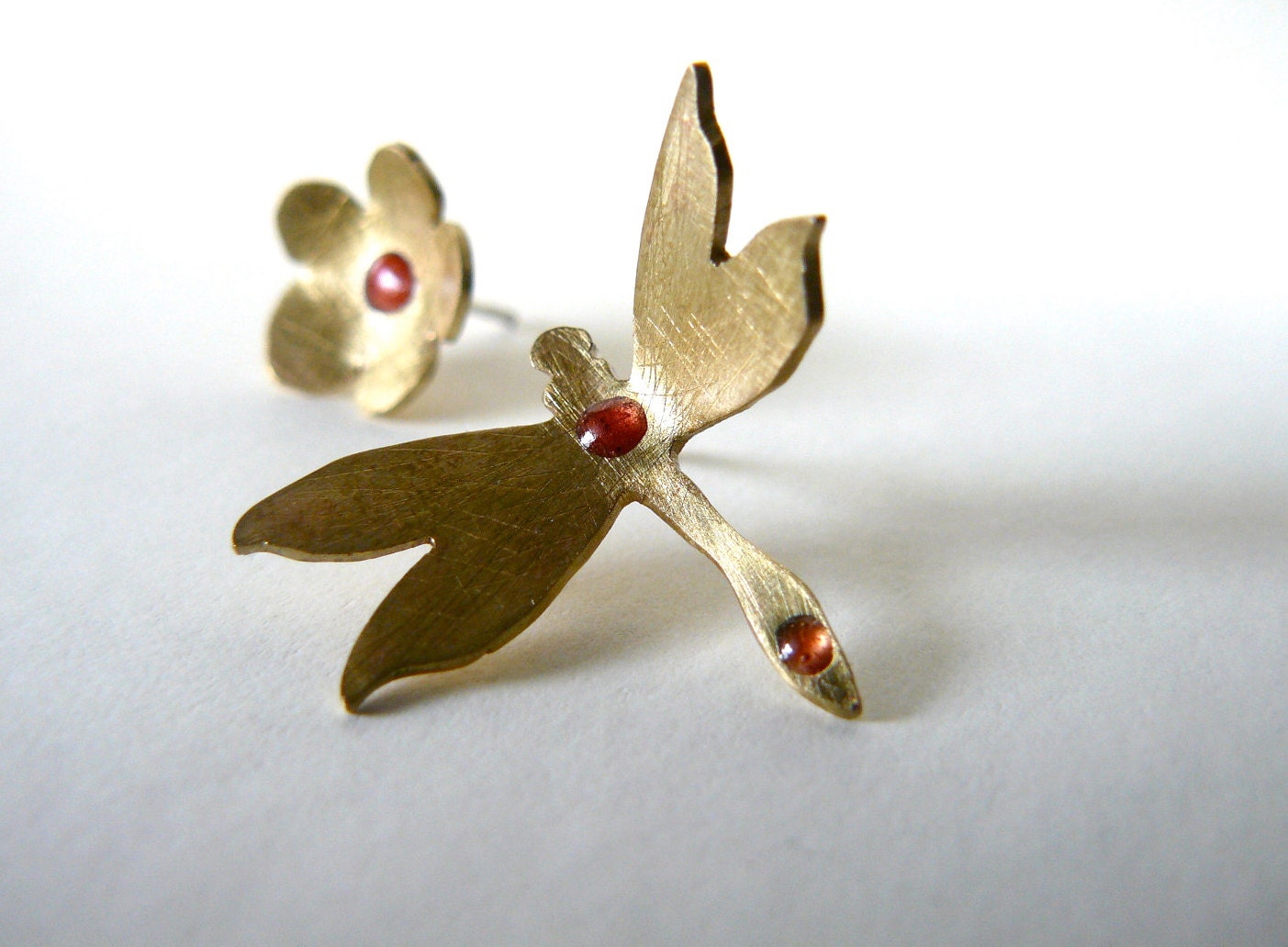 Dragonfly and Flower Sterling Silver Earrings-24k Gold Plated Dragonfly Earrings-Vintage Inspired Dragonfly Earrings