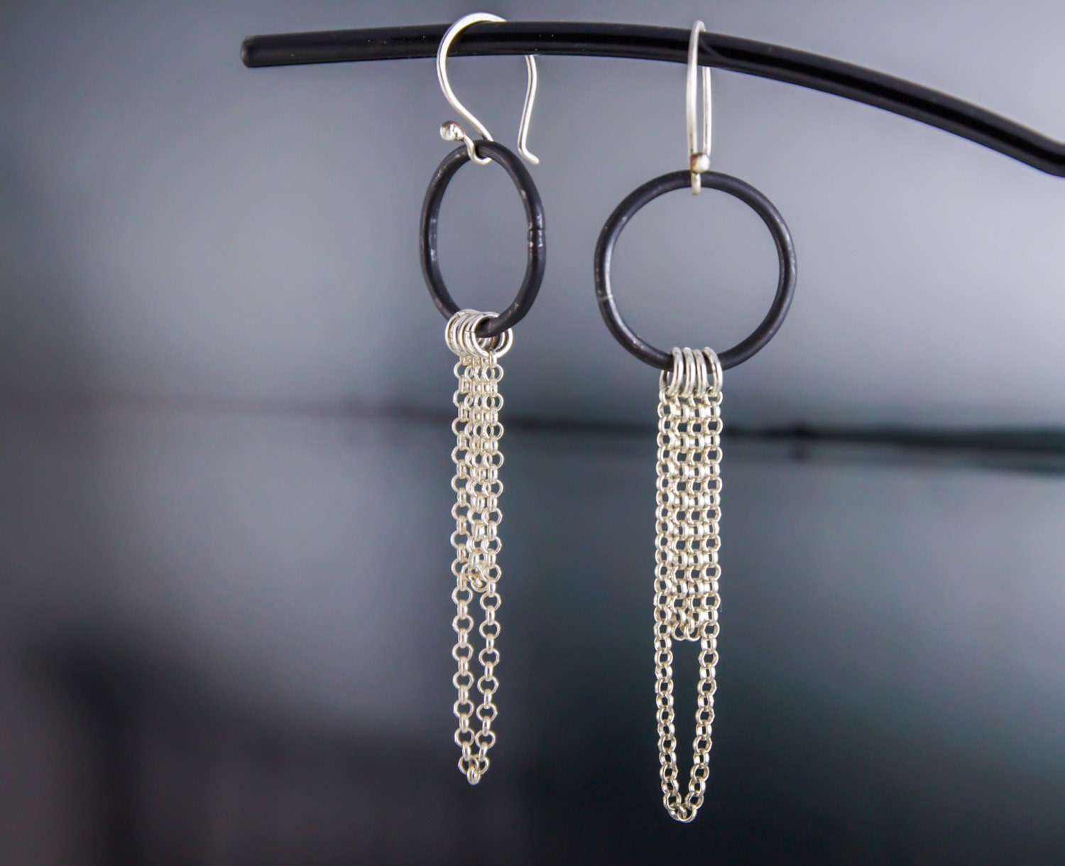 Sterling Silver Long Dangle Chain Earrings-Sterling Silver Circle Earrings-Rock Metal Earrings-Oxidised Earrings-Long Chain Earrings