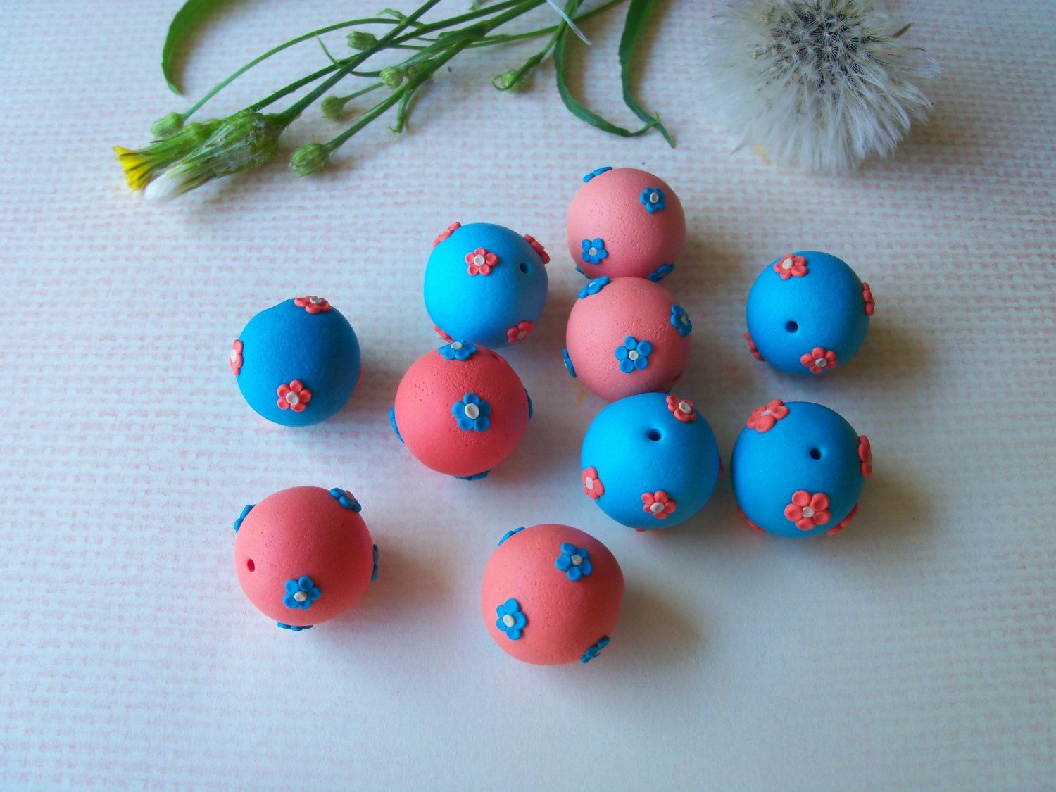 16 mm Handmade Polymer Clay Beads, flower beads, turquoise coral, set of 10