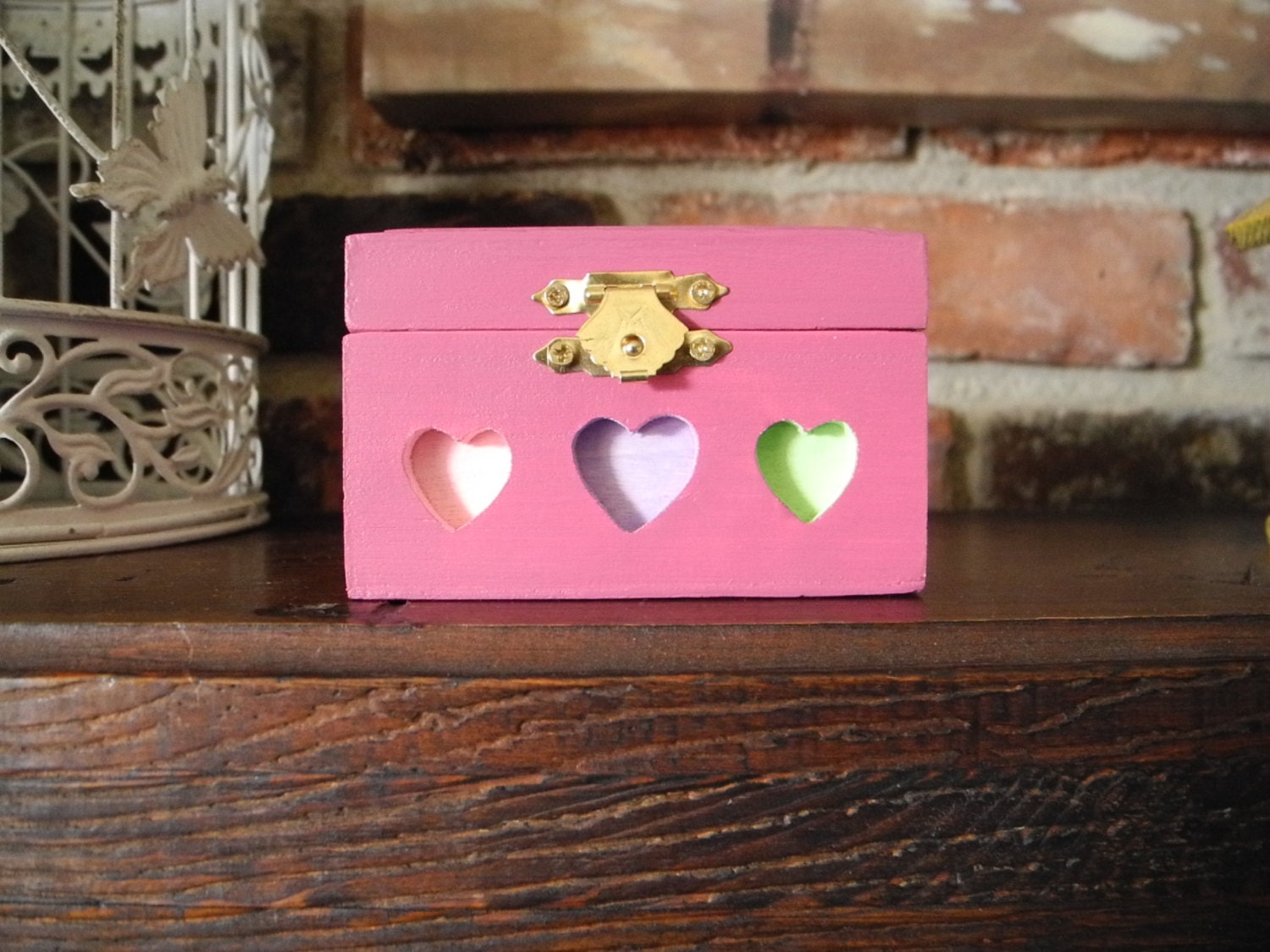 Small pink Wood box with hearts can be PERSONALIZED