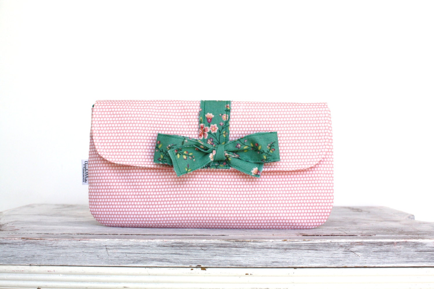 Pink Dot Wristlet Clutch, Green Floral Bow, Spring, Wristlet, Purse, Wallet,  Strap