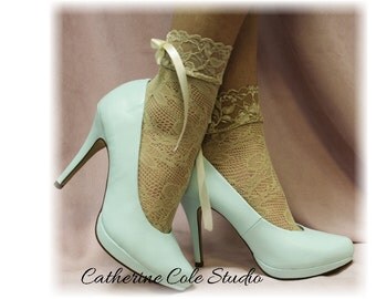 BEIGE Baby doll Lace socks for heels retro 80"s look Holiday parties stretch lace socks flats or heels catherine cole studio FT5