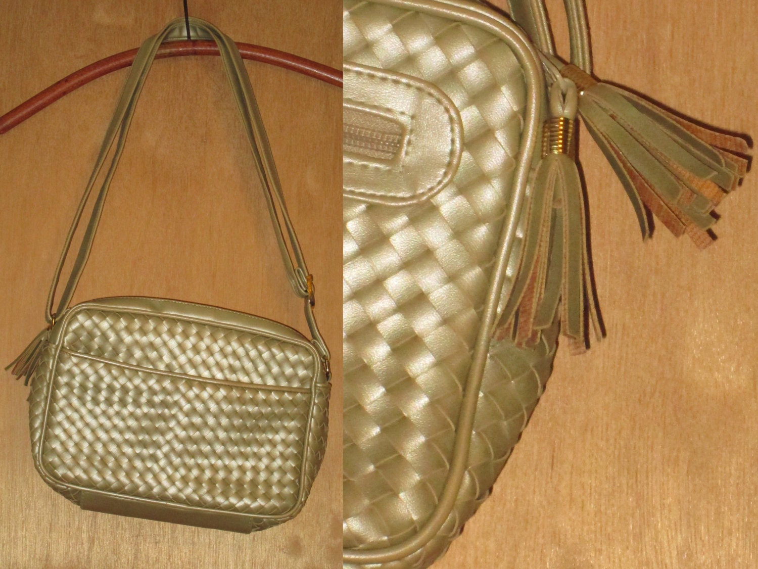 80s Vtg METALLIC Woven Gold Neutral Leather with Tassels Cross body PURSE Messenger Another Y&S Original