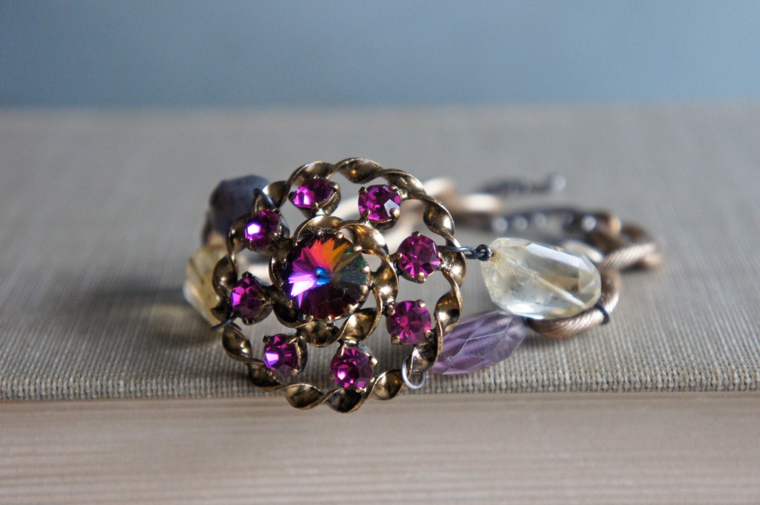 Vintage assemblage bracelet gemstones brass chain vintage brooch french assemblage jewelry - by French Feather Designs