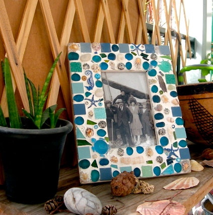 Mosaic  seaside frame seashell wood beads molten glass Ooak