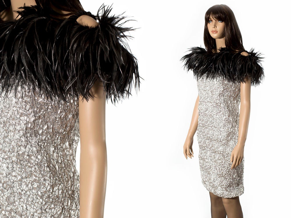 Silver and black feathered evening dress size small