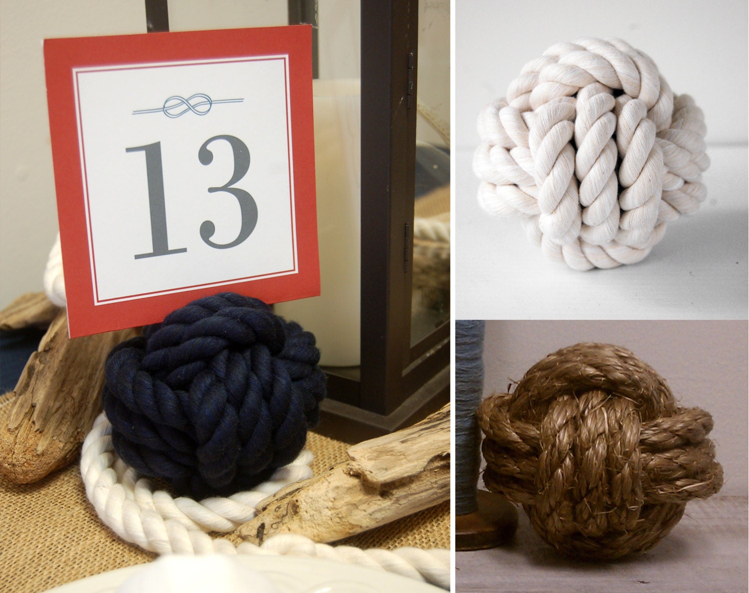 12 Small Knots&Table Cards - Nautical Rope Monkey Fist Knots with Custom Table Cards- Nautical Wedding Decor