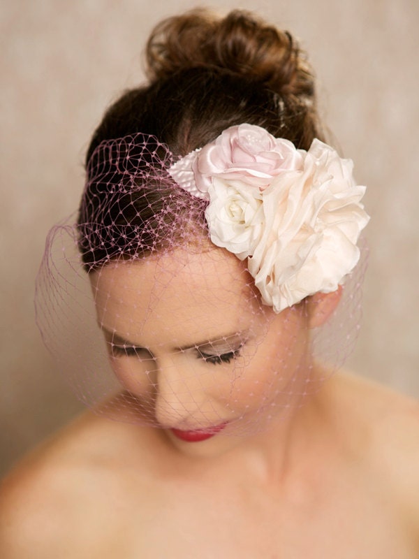 Blush Pink, Lavender, Garden Rose Floral Headpiece, Bridal Hair Flower with Birdcage Veil, Cage Veil, Wedding Hair Accessories