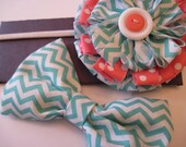 Turquoise Chevron and Coral Polka Dot Coordinating Bow Tie and Headband