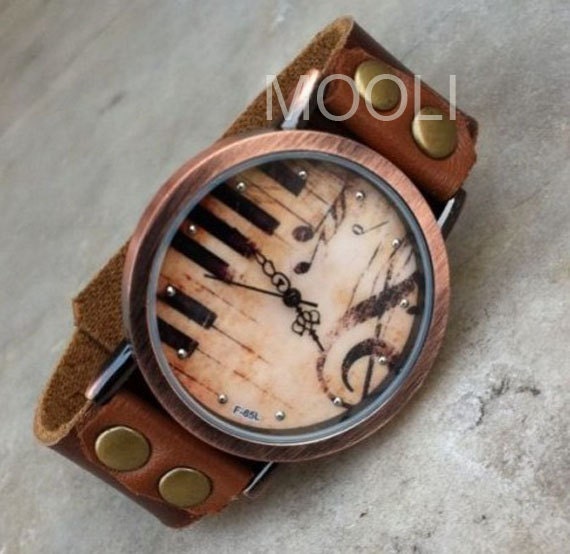 Fashion Retro style watch brown leather wrap watch, piano background wrist watch women's watch men's watch adjustable B724