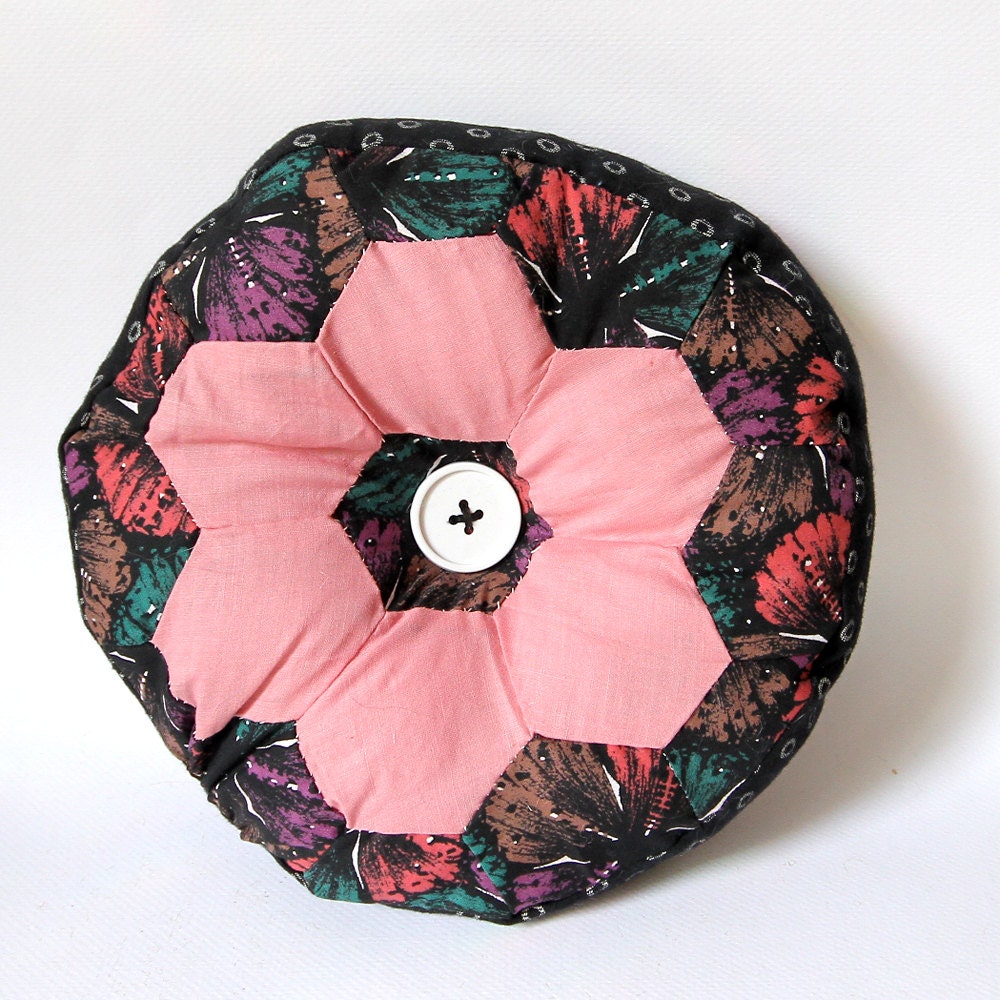 Throw Pillow -Vintage Quilt scraps- Pink Black Teal