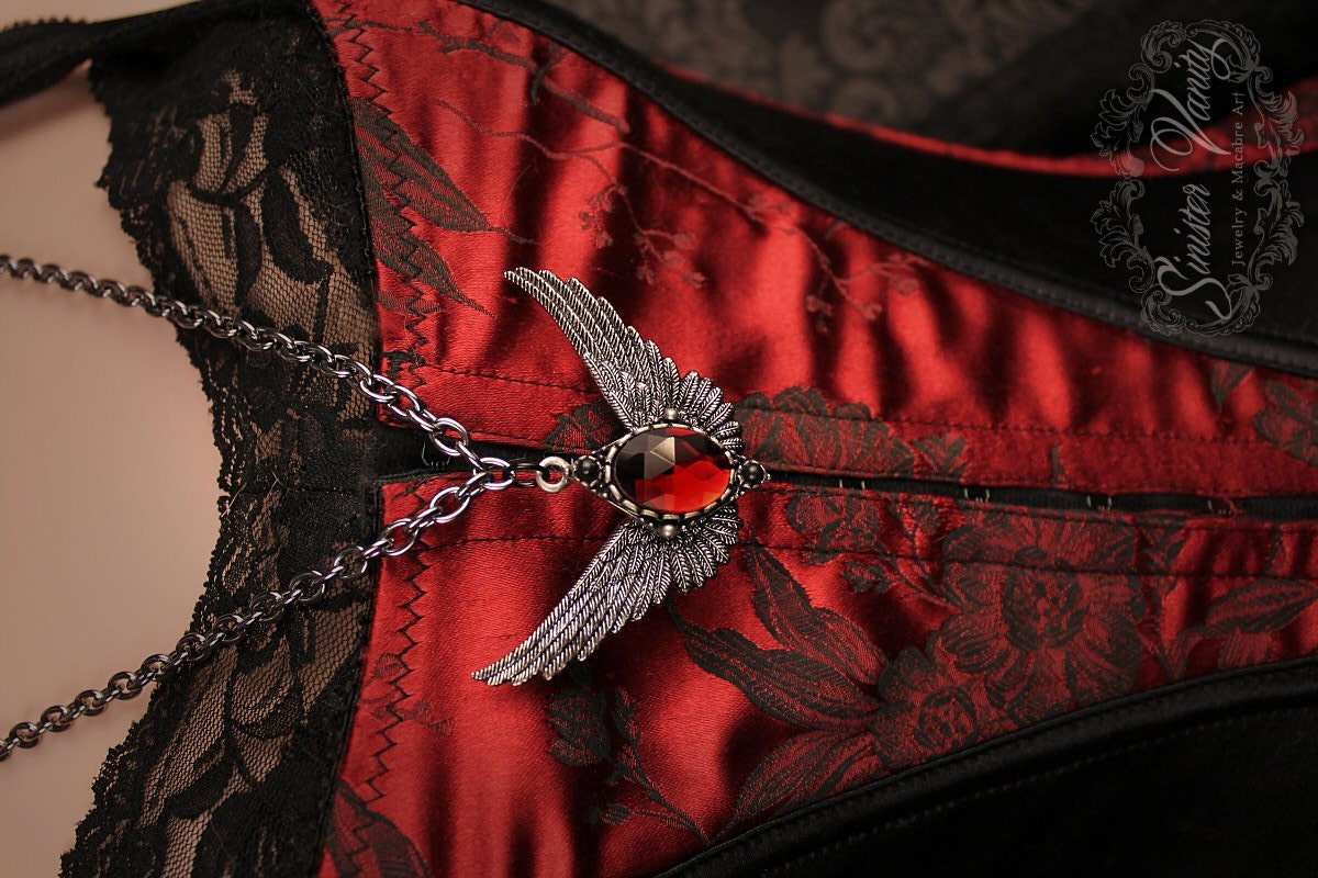 Gothic red ruby necklace angel wings antiqued silver pendant jewelry necklace