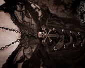 Gothic Necklace Cross Rosary Black Onyx Copper Beaded Skull Crossbones Jewelry Necklace