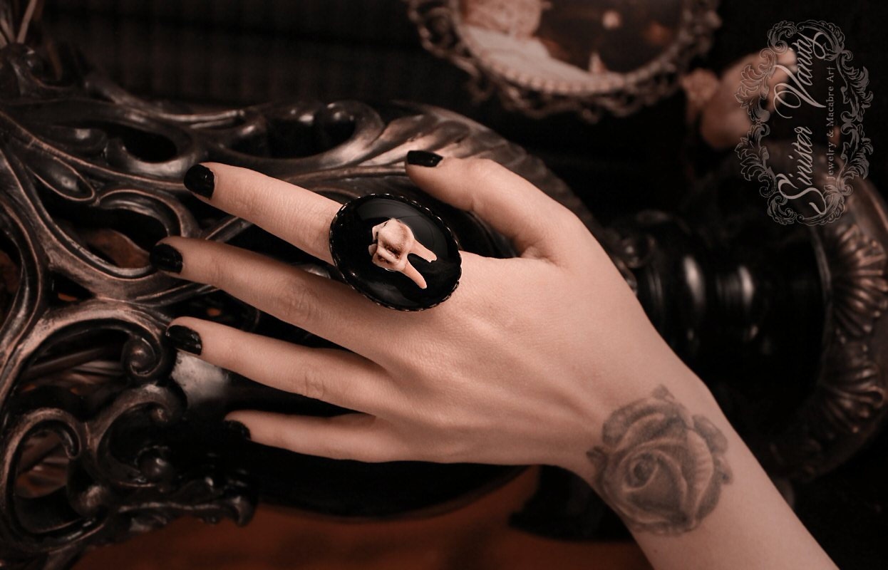 Gothic bone ring tooth ring cameo black onyx antiqued bronze filigree base ring