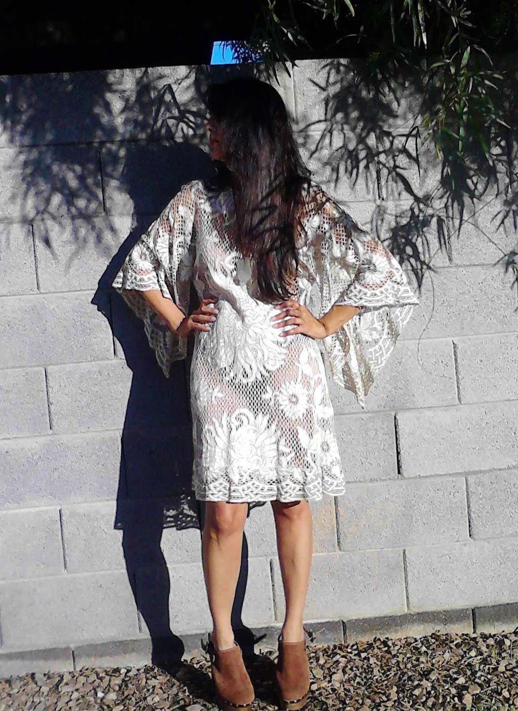 VTG 70s Sheer Crochet Lace Cut out Angel Bell slvs Wedding Festival Mini Dress