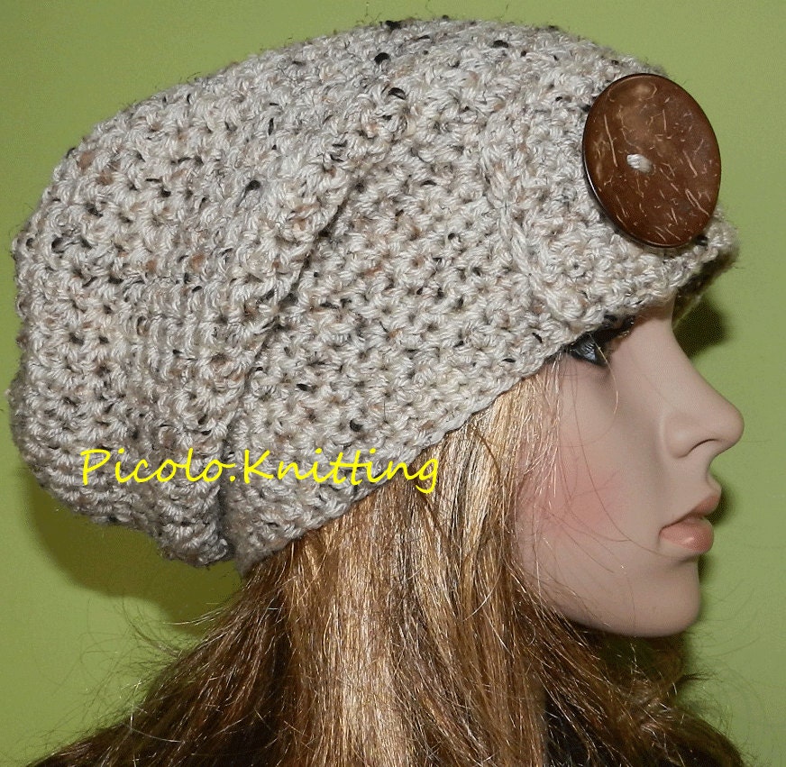 All Season Slouchy Hat in Oatmeal, Rasta Hat, Hippie Hipster Spring/Summer Beanie, Light Chunky teen Hat with Big Eco Coco Button