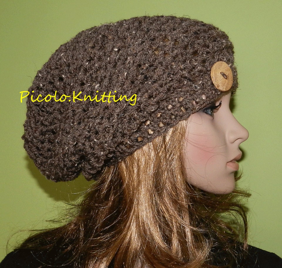 All Season Slouchy Hat in Barley, Rasta Hat, Hippie Hipster Spring/Summer Beanie, Light Chunky Teen Hat with Stone Button