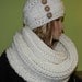 Modern and Stylish Cabled Cap with Buttons and Tube Scarf - Super Chunky Hand Knit Winter Hat and Cowl Set in Cream