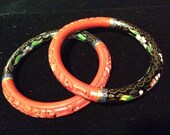 Set of two Vintage Black Cloisonne Enamel and Cinnabar Bracelets
