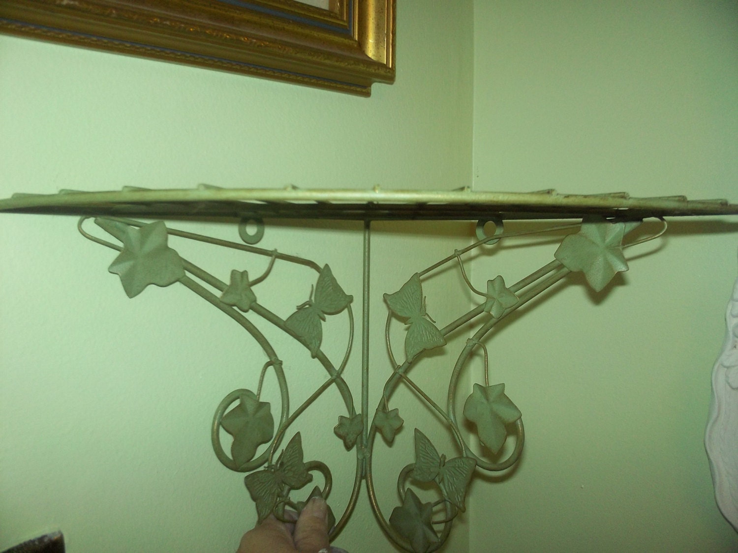 French Country, shabby chic, metal with butterflies, leaves green pair of wall shelves
