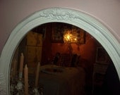 Lots of mirror with this oval vintage gloss white Hollywood Regency, French cottage, Victorian baroque mirror
