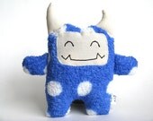 Polky the fleece stuffed monster - Blue and white polka dots