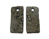Handmade Ceramic Stoneware Earring Charms Components 1 Pair Brown Floral Rustic Primitive