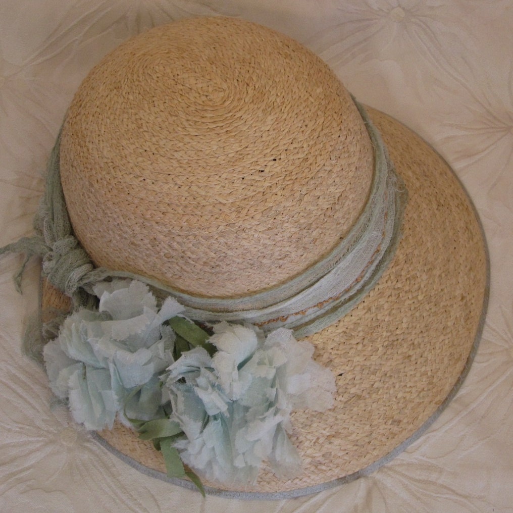 Summer straw 20's cloche for with teal flower for golf, garden hat or Downton Abbey event