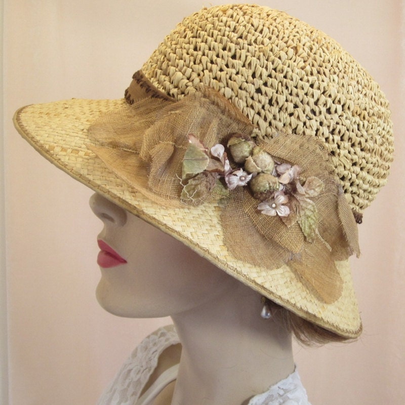 Summer straw 20's cloche with copper colored ornament for golf, garden hat or Downton Abbey event