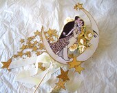 Moon and Stars Wedding Cake Topper and Star Confetti Set- Deco Bride and Groom Outlined in Gold Glitter - Gold Encrusted Stars