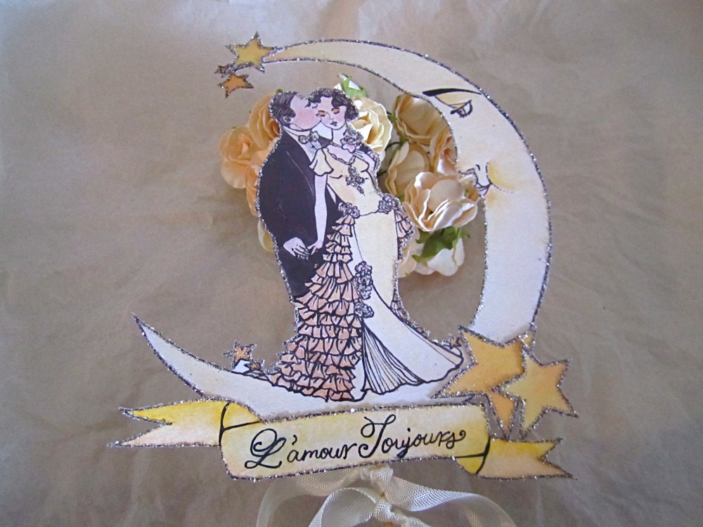 Moon and Banner Wedding Cake Topper- Vintage Bride And Groom - Outlined in Silver Glitter