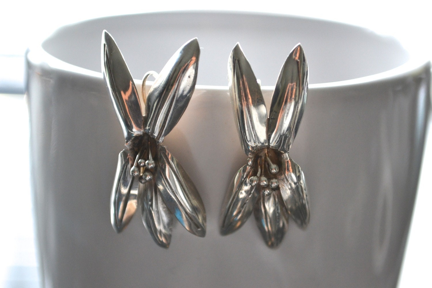 Vintage 925 Silver 3D Flower Orchid Earrings