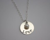 LOVE Sterling Silver Handstamped Necklace with Freshwater Pearl