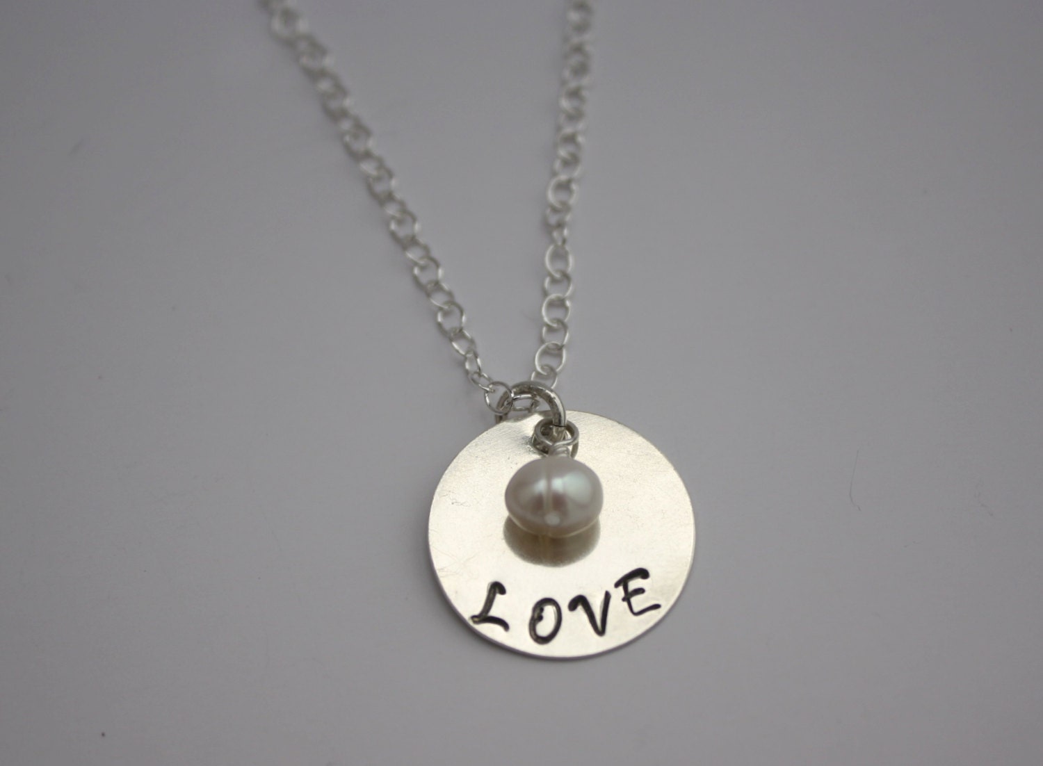 LOVE Sterling Silver Handstamped Necklace with Freshwater Pearl