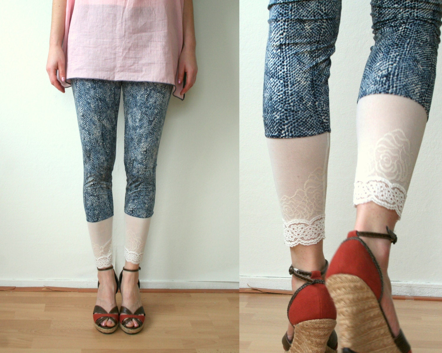 Lycra and lace leggings, summer long to capri leggings in reptile print with floral lace