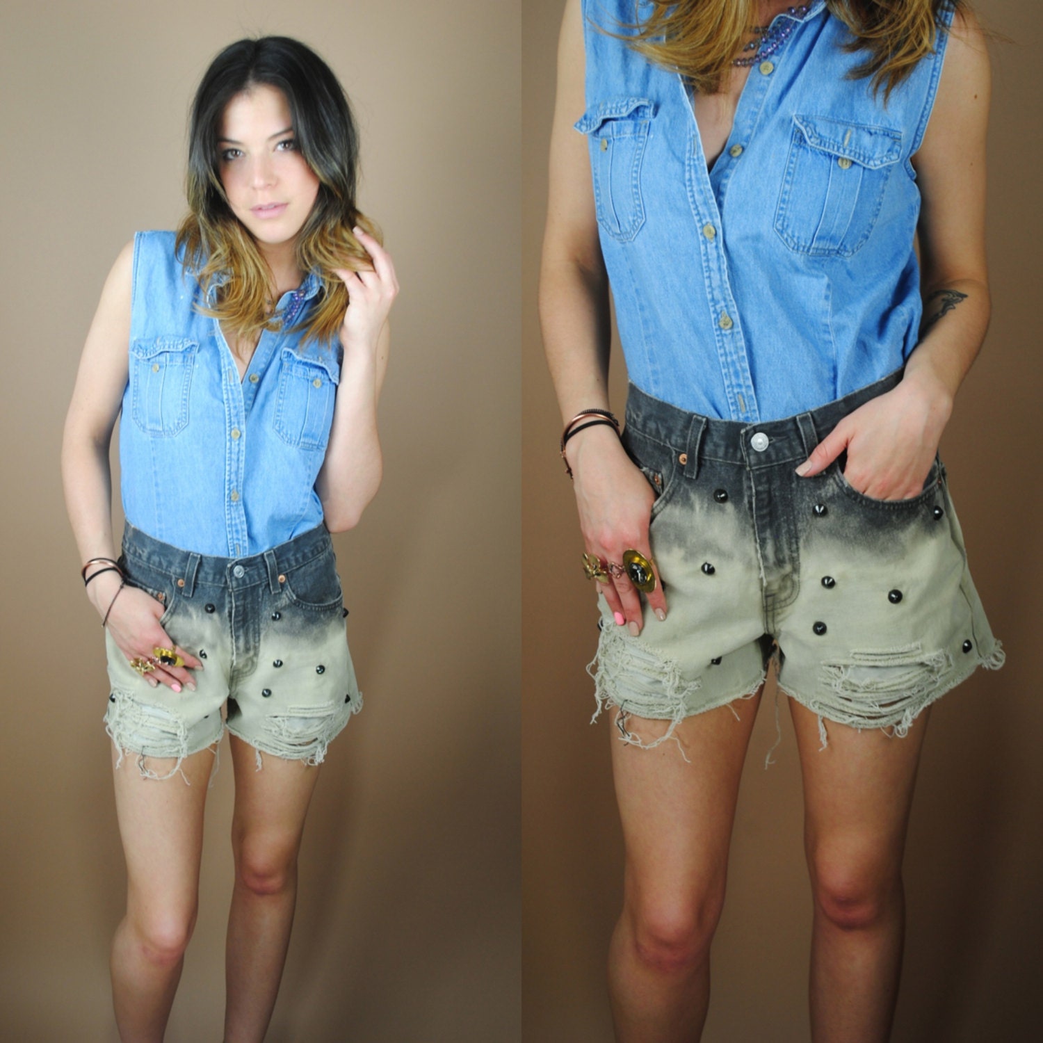 Vintage Dyed Destroyed High Waist Studded Denim shorts black grey gray cut off short shorts
