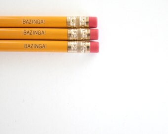 BAZINGA pencils 3 three in mustard yellow.  Your zingers are so amazing, they have their own catchphrase.