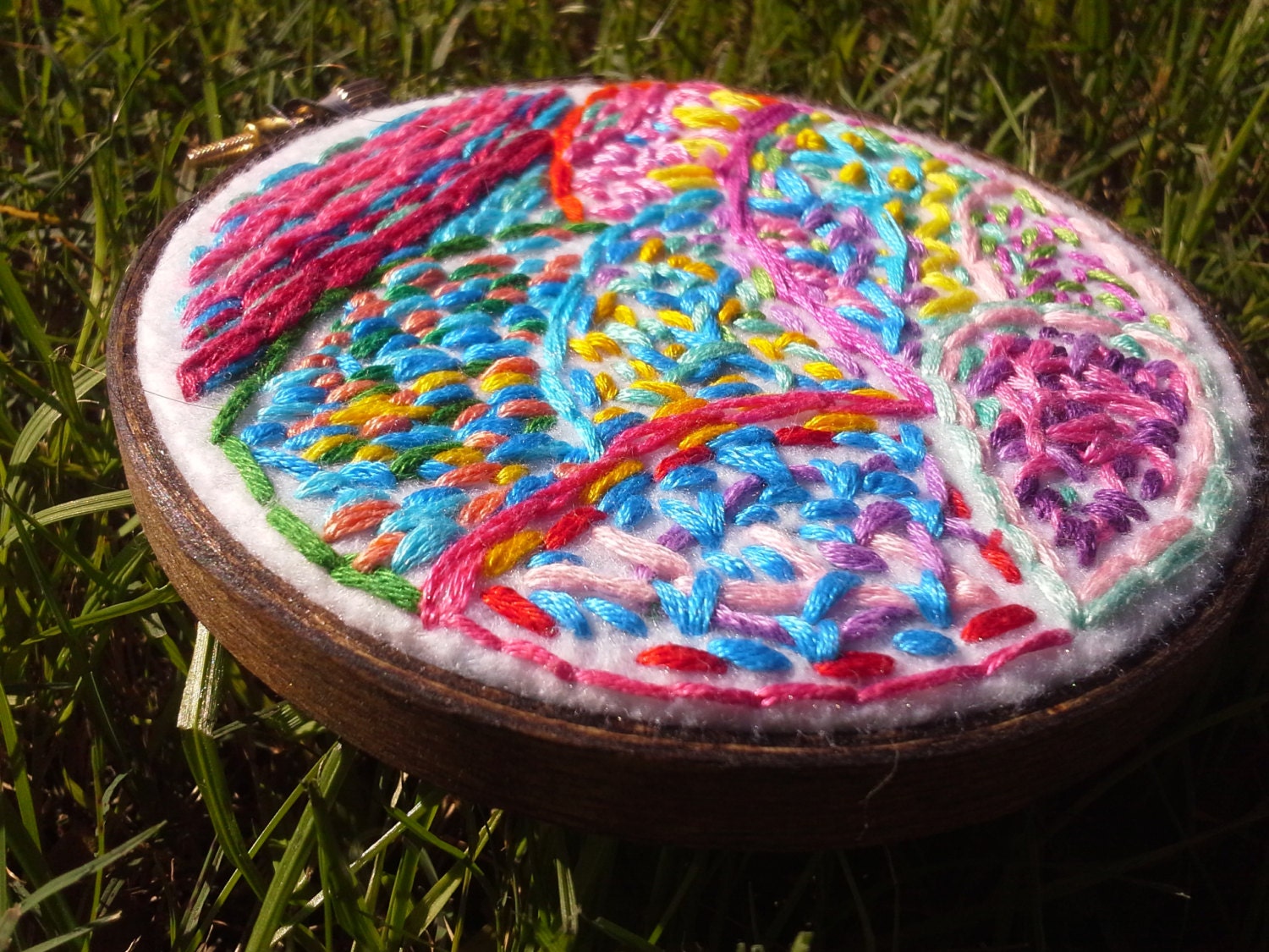 OOAK Fiber Art, Intricate Colorful Design, Hand Embroidered on White Felt, Framed in Hand-Stained Embroidery Hoop