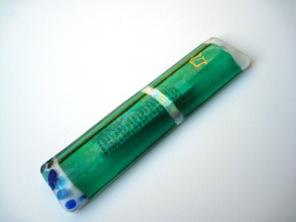 Mezuzah fused glass turquoise blue dichroic glass, ready to ship