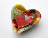Raked glass heart dish, green orange yellow, 18 Kt gold paint, fused glass heart