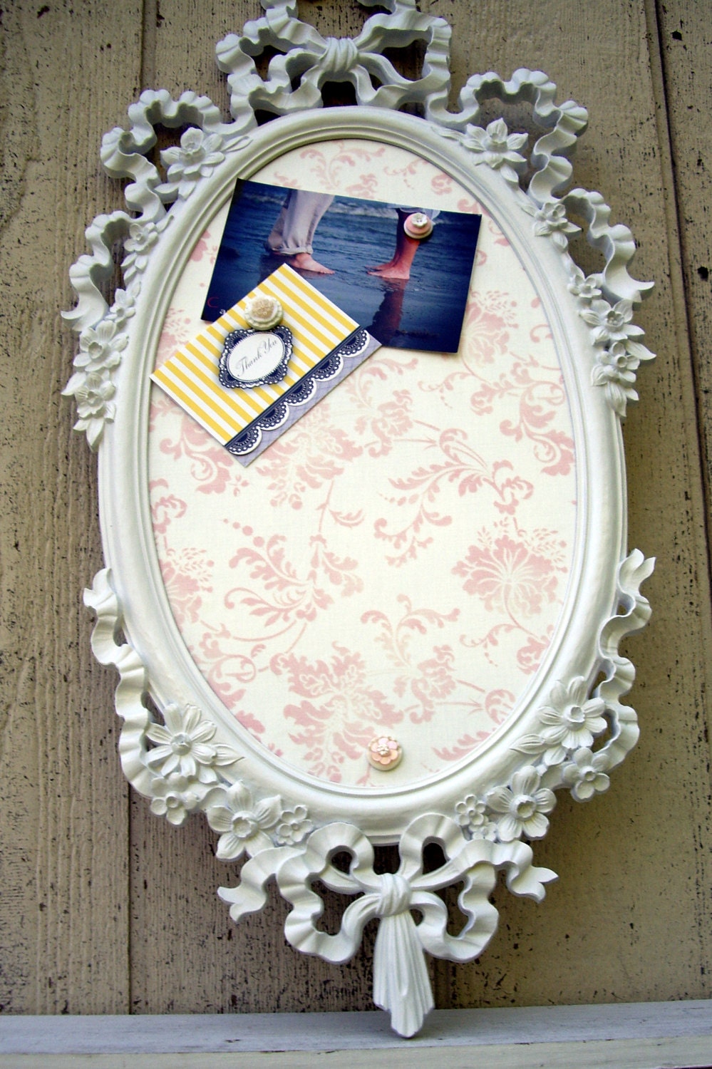 Beautiful Vintage Ornate Frame  - Antique Framed Magnetic Fabric Board-Soft Pink with  White frame- Shabby Chic- Nursery decor