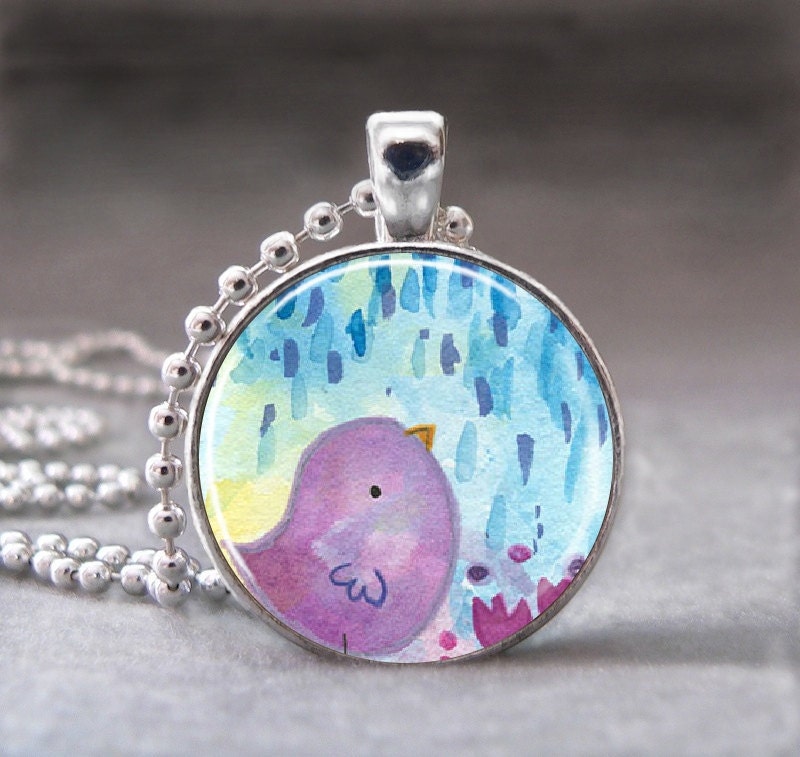 Bird in the Rain, Altered Art Glass Dome Photo Pendant Necklace, no. 051-23
